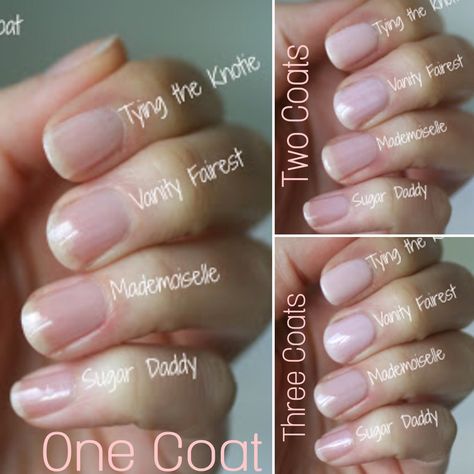 Essie ~ Sheer Pink Comparison Essie Pale Pink Polish, Medium Sheer Pink Nails, Clear Polish Manicure, Essie Pink Shades, Best Light Pink Gel Nail Polish, Essie Sheer Pink Nail Polish, Essie French Manicure, Essie Natural Nail Polish, Natural Nails Clear Polish