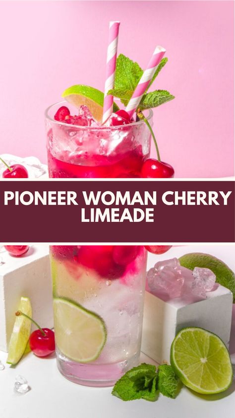 Pioneer Woman’s Cherry Limeade is made with a refreshing blend of lemon-lime soda, lime juice, maraschino cherries, sugar, and lime slices perfect for any occasion that’s ready in just 35 minutes! Cherry Limeade Punch, Pioneer Kitchen, Cherry Limeade Recipe, Limeade Recipe, Maraschino Cherries, Cherry Limeade, Lemon Lime Soda, Lime Soda, Maraschino Cherry