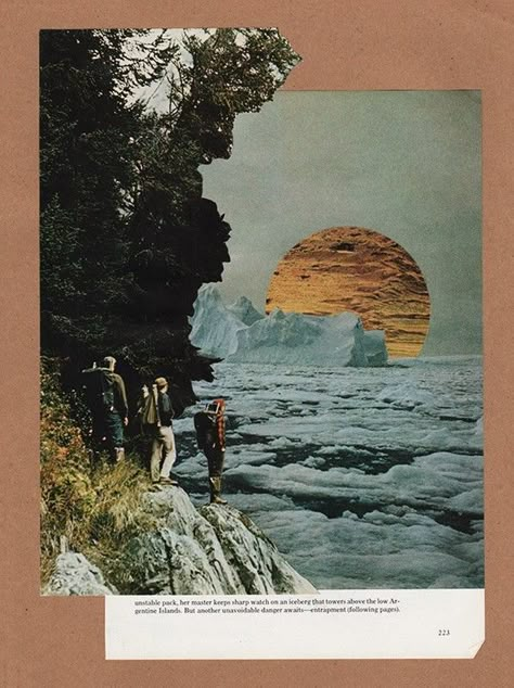 An adventure reimagined by artist Nathaniel Whitcomb through National Geographic collages. More images here: http://www.dazeddigital.com/artsandculture/article/19518/1/how-to-create-a-moving-collage To Create, Sun, Collage