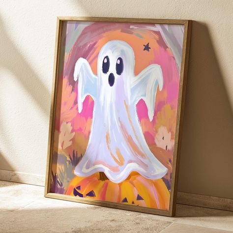 Halloween Decor Pastel, Floral Ghost Painting, Halloween Painting Ideas On Canvas Easy Ghost, Spooky Paint Night, Halloween Art Easy, Easy Ghost Painting, Halloween Canvases, Halloween Paintings On Canvas Easy, Ghosts Painting