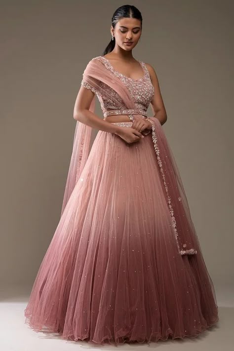 Engagement Lehenga, Indian Bridesmaid Dresses, Rose Taupe, Unique Bridesmaid Dresses, Dusty Peach, Bridal Lehenga Designs, Simple Lehenga, Half Saree Lehenga, Wedding Lehenga Designs