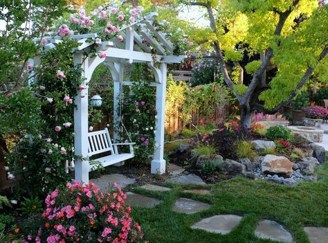 Garden Decks, Patio Pictures, Gravel Landscaping, Backyard Swings, Stone Landscaping, Pergola Swing, Outdoor Remodel, Garden Arbor, Garden Swing