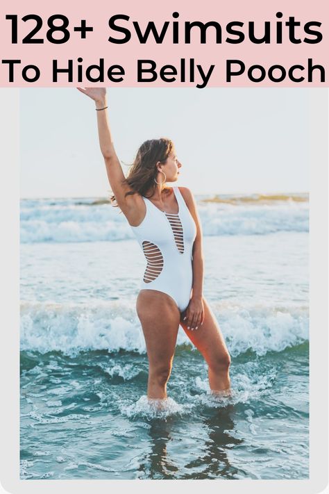 a woman wearing a white one piece bathing suit in the water Plus Size Swimwear Big Belly, Swimsuit For Big Tummy, C Section Belly, Mommy In Heels, Mommy Pooch, Mommy Tummy, Flattering Swimwear, Belly Pooch, Mommy Workout