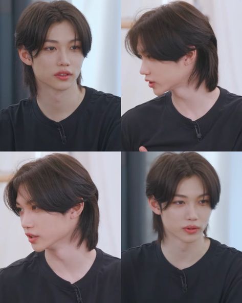 Felix Mullet Haircut, Kpop Mullet Hairstyle, Wolfcut Middle Part, Felix Wolfcut, Wolfcut For Men, Kpop Mullet, Felix Mullet, Mullet Middle Part, Felix Haircut