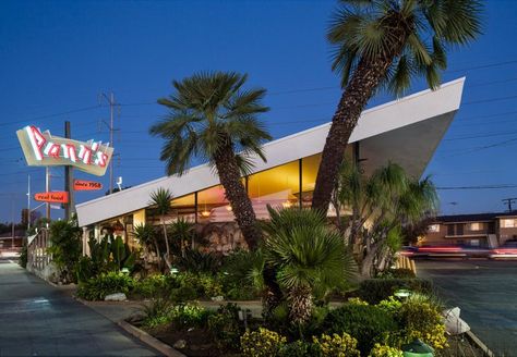 Ashok Sinha Landscape Photograph - Pann’ Coffee Shop Ladera Heights Los Angeles American 2009 Contemporary Googie Architecture, Hot Dog Stand, Los Angeles International Airport, Architectural Photographers, Historic Preservation, Photo Series, Car Culture, Built Environment, Bright Lights