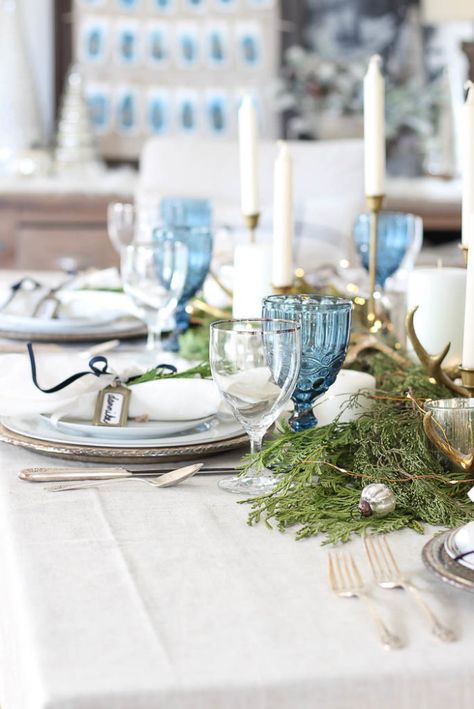 Woodland Winter Tablescape Freezing Morning, Winter Tablescapes, Woodland Winter, Christmas Eve Dinner, Blue Glassware, Christmas Tours, Holiday Tablescapes, Different Holidays, Table Scapes