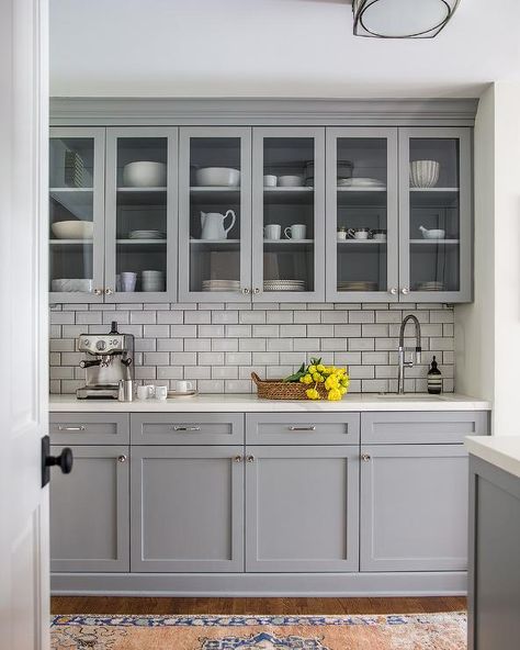 Butlers pantry fitted with gray shaker cabinets and a white subway tiles paired with black grout. Dark Grout, Gray Grout, Black Grout, Butler’s Pantry, White Subway Tiles, Gray Cabinets, Nest Design, White Marble Countertops, White Subway Tile