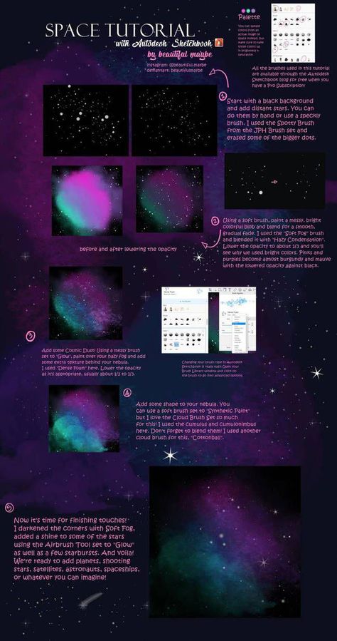 Space Tutorial in Autodesk Sketchbook by beautifulmaybe #PhotoshopHowToDigitalArt Space Tutorial Digital, Space Digital Art Tutorial, Digital Art Beginner Tips, Space Reference Drawing, Space Painting Tutorial, Autodesk Sketchbook Tutorials, How To Draw Galaxy, Space Sketchbook, Digital Art Tips