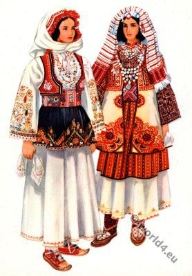 Serbian national costumes from Kosovo, Peć. Kosovo I Metohija, Serbian Clothing, Serbian Women, European Costumes, Costumes Around The World, National Dress, Folk Dresses, Folk Embroidery, Ethnic Dress