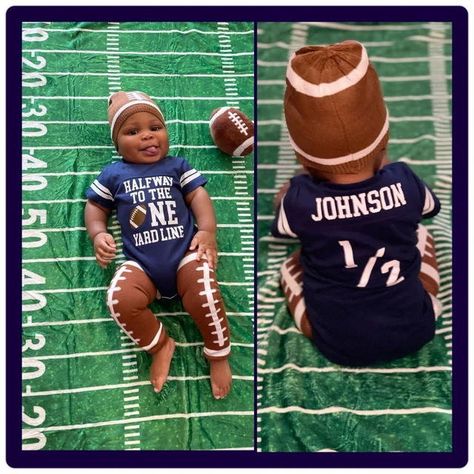 Halftime 6 Month Photoshoot, Football Half Birthday, Half Birthday Ideas For Boys, 1/2 Birthday, Half Birthday Baby Boy, Milestone Photoshoot, Milestone Ideas, Football Theme Birthday, Half Birthday Baby