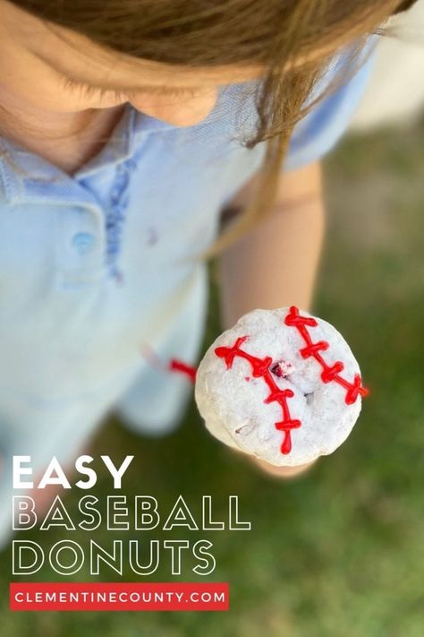 Easy Baseball Donuts | Clementine County Baseball Donut Ideas, Baseball Desserts, Baseball Snacks, Donut Ideas, Nacho Bar, How To Make Letters, Powdered Donuts, Diy Pizza, Kid Friendly Snack