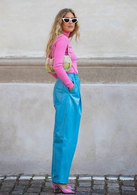 8 Trends That Are the Talk of Copenhagen This August | Who What Wear UK Pop Of Color Street Style, Bright Summer Fashion, Hot Pink Fashion Outfits, Colorful Sneakers Outfit Street Style, Colourful Copenhagen Style, Pink And Blue Outfits For Women, Blue Pink Outfit, Copenhagen Street Style Summer, Pink And Blue Outfits