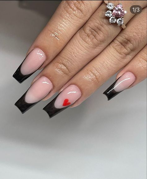 Coffin French Tip Valentines Nails, Black Nail Heart Design, Black French With Red Hearts, Black And Heart Nails, Birthday French Tip Nails Almond, Black With Heart Nails, Almond French Tip Black Nails, Black Cdg Nails, Black French Tip Valentines Nails