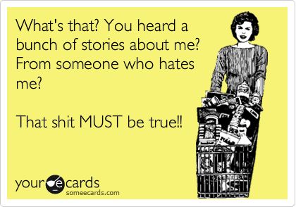 What's that? You heard a bunch of stories about me? From someone who hates me? That shit MUST be true!! E Card, Ecards Funny, Someecards, Look At You, Bones Funny, About Me, The Words, Great Quotes, Make Me Smile