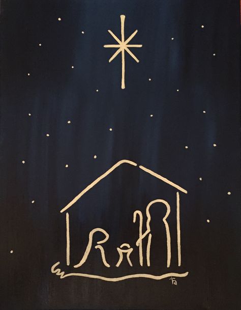 Christmas Manger Painting, Simple Manger Scene Painting, Nativity Window Art, Easy Nativity Paintings On Canvas, Nativity Window Painting, Simple Nativity Drawing, Simple Manger Scene, Scene Drawing Ideas, Simple Nativity Painting