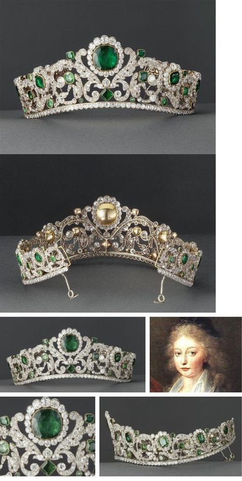 The Angouleme Emerald Tiara worn by Marie Antoinette and made by Evrard and Frederic Bapst for the French crown jewels in 1820. There are 1031 diamonds and 40 emeralds in the setting. When sold in 1887, an observer remarked that anyone who had not seen it 'does not know what an emerald is, the green stones alternate with the brilliants in such a manner that there is an interplay of coloured light, the effect of which is magical.' Emerald Tiara, Royal Crown Jewels, Tiaras Jewellery, Royal Crowns, Royal Tiaras, Historical Jewellery, Family Jewels, Green Stones, Royal Jewels