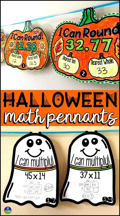 Math Fall Bulletin Board Ideas, Halloween 4th Grade Activities, Fall Math Bulletin Boards, Halloween Math Projects, Math Pennants, Halloween Teaching Ideas, October Math, Fall Math Activities, Halloween Teaching