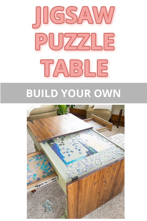 build your own jigsaw puzzle game table Hidden Puzzle Table, Table For Games And Puzzles, Plans For Puzzle Table, Table With Puzzle Storage, Diy Puzzle Table, Puzzle Coffee Table Diy, Jigsaw Puzzle Table Walmart, Puzzle Tables, Puzzle Coffee Table