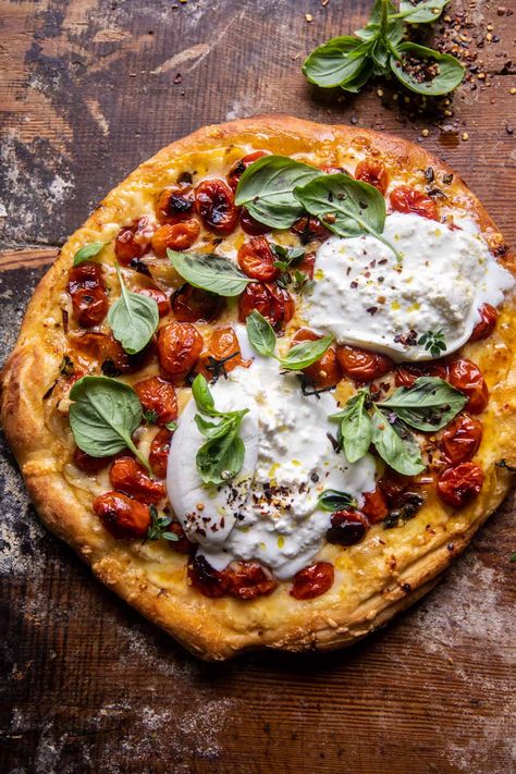 Herb Roasted Cherry Tomato Pizza | halfbakedharvest.com Cherry Tomato Pizza Recipes, Pizza With Burrata Cheese, Roasted Tomato Pizza, Cherry Tomato Pizza, Homemade Pizza Ideas, Summer Pizza, Honey Pizza, Burrata Pizza, Basil Pizza