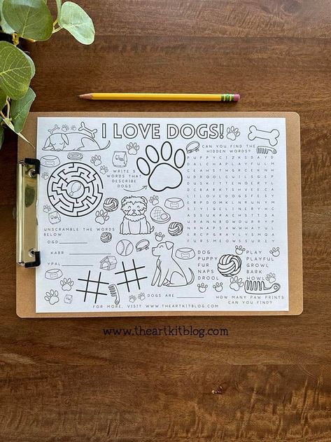 I Love Dogs Placemat Activity Sheet for Kids {FREE PRINTABLE!} Dog Activity, Printable Placemat, Dog Craft, Morning Basket, Activity Placemat, Animal Printables, Activity Sheets For Kids, Hidden Words, Educational Activities For Kids