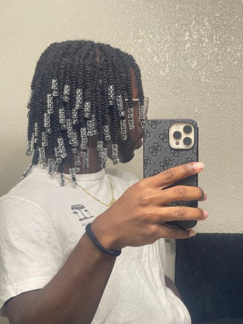 Beads With Twists, Twists With Beads Men, Box Braids For Men With Beads, Dreads With Beads, Men Cornrows With Beads, Twist With Beads Men, Twist Beads Hair, Two Strand Twist With Beads, Twist Braids Guys