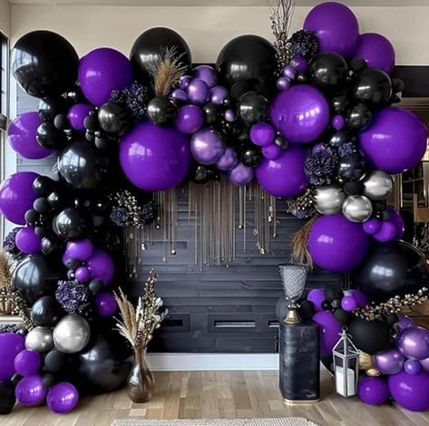 Purple, black, and silver balloon 67 piece garland arch.  Comes with all balloons, garland, pump, and tape. Length depends on how close together or far apart balloons are placed! Please allow about 2 weeks for full shipping & processing. Perfect for a gothic or royal themed birthday or bridal shower - anything themed purple and black for the perfect festive photo backdrop! Check out my page for other similar items for sale - serious inquiries only please Grad Balloon Arch, Black Silver Balloon Garland, Mystery Theme Party, 55th Birthday Ideas, Silver Balloon Arch, Gothic Decorations, Silver Balloon Garland, Bounce House Birthday Party, Lavender Balloons