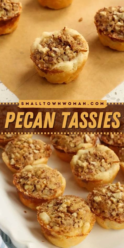 Here's a quick and easy Pecan Tassies recipe ideal for holiday parties! This melt-in-your-mouth mini pecan pie pastry with a buttery crust and crunchy pecans is your easy Christmas treat. Serve this Christmas dessert to impress everyone! Tiny Pecan Pies, Pecan Tassies Recipe, Mini Pecan Pie Recipes, Easy Christmas Treat, Tassies Recipe, Mini Pecan Pie, Pecan Tassies, Mini Pie Maker, Pie Pastry