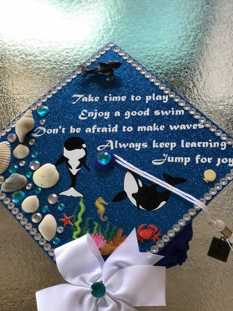 Marine Biology Cap Decoration, Shark Graduation Cap, Ocean Themed Graduation Caps, Marine Biology Graduation Cap, Ocean Grad Cap, Biology Graduation Cap, Marine Biology Degree, Adam Sanders, Graduating College