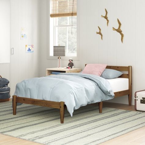 Lark Manor Mid-century Twin Size Platform Bed - White Finish | Wayfair.ca Wood Slat Bed, Slat Headboard, Bedroom Scandinavian, Slatted Headboard, Bed Wood, Standard Bed, Twin Bed Frame, Solid Wood Bed, Nursery Furniture Sets