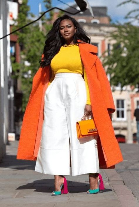 Orange Coat, Plus Size Looks, Color Blocking Outfits, Afrikaanse Mode, Outfit Trends, Black Women Fashion, Colourful Outfits, Look Plus, Looks Style