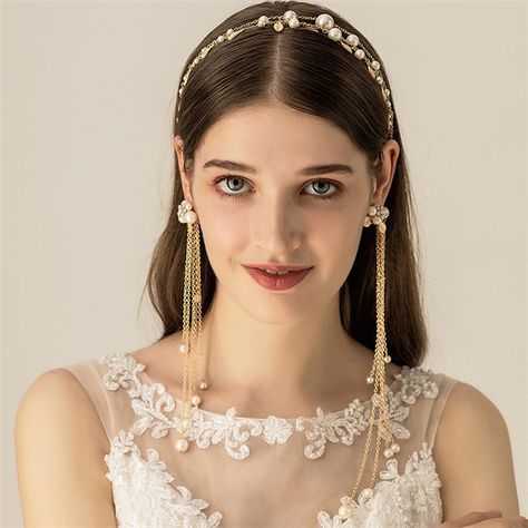 Jonnafe Handmade Women Head Chain Pearls Hair Jewelry Bridal Headband Gold Leaf Wedding Headpiece Accessories-in Hair Jewelry from Jewelry & Accessories on Aliexpress.com | Alibaba Group Headpiece Accessories, Pearl Bridal Headband, Bridal Headdress, Bridal Wedding Hair, Bridal Hair Jewelry, Cheap Hair Products, Head Chain, Gold Headband, Head Piece