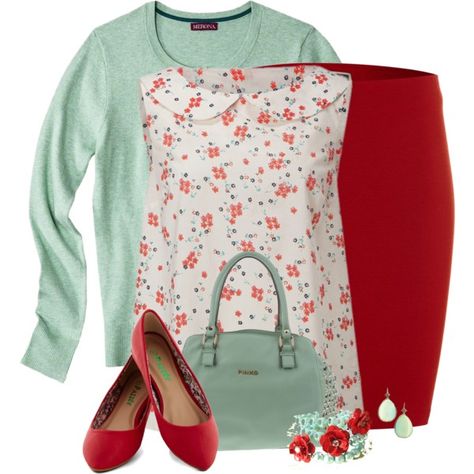 Mint and Red by cathy0402 on Polyvore featuring People Tree, Kilian Kerner Senses, Pinko and Stephen Dweck No Sleeve Shirt, Short Pencil Skirt, Stephen Dweck, Retro Housewife, People Tree, Hijab Outfits, Bright Spring, Gorgeous Clothes, Clothes Closet