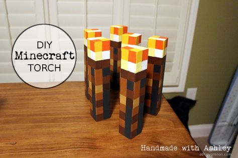 DIY Minecraft Torch (Tutorial) - Handmade with Ashley Minecraft Classroom, Minecraft Torch, Torches Diy, Minecraft Room Decor, Minecraft Diy, Minecraft Bedroom Decor, Minecraft Decoration, Minecraft Theme, Diy Minecraft