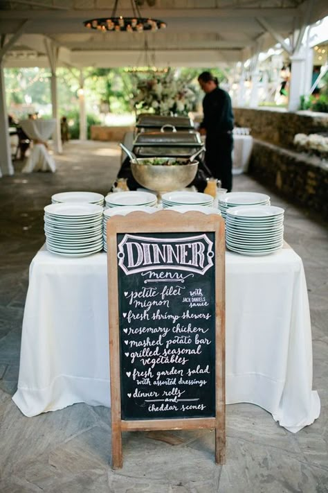 Charming Chalkboard Wedding Ideas - Mon Cheri Bridals Ideas Para Catering, Wedding Buffet Menu, Outdoor Dinner Party, Wedding Buffet Food, Reception Food, Wedding Reception Food, Wedding Buffet, Boda Mexicana, Outdoor Dinner