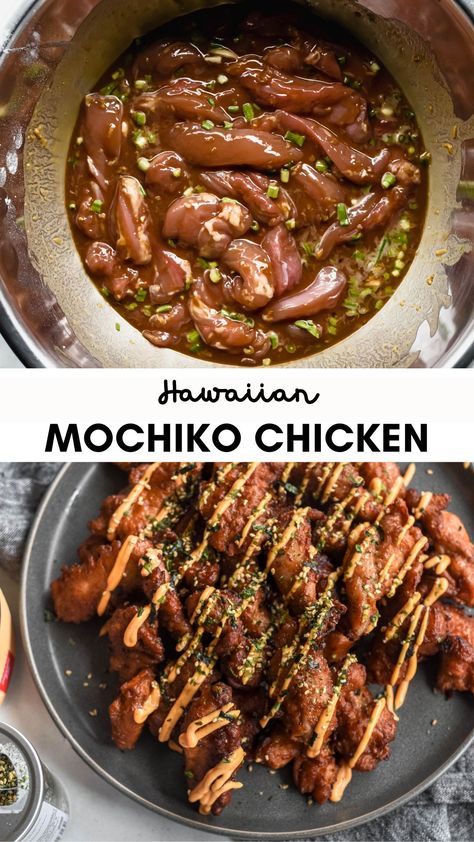 Easy Asian comfort food with BIG flavor: Hawaiian Mochiko Chicken. Crisp fried chicken drizzled with spicy mayo and furikake is always going to be a dinnertime favorite! Molokai Chicken Recipe, Mochiko Chicken Recipe Hawaii, Furikake Chicken Recipe, Mochiko Chicken, Chicken Crispy, Sweet Cooking, Korean Fried Chicken, Easy Asian, Spicy Mayo