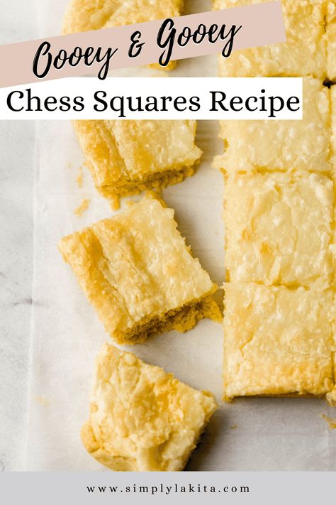 These delicious Chess Squares are a Southern Staple made using 5 basic ingredients including boxed cake mix, cream cheese, butter, eggs, and sugar. So gooey and delicious! simplylakita.com #chessbars #cheesesquares Gluten Free Chess Squares, Cheese Squares Dessert, Chess Squares From Scratch, Chest Squares Recipe, Chess Bars Easy, Chess Cake Recipe Easy, Cream Cheese Squares Yellow Cake Mixes, Chess Squares Easy, Lemon Chess Squares