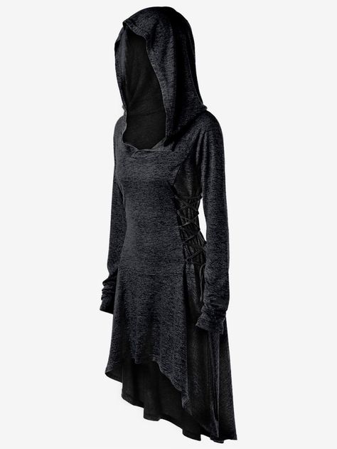 I dont know ehy i lile this...Sinister looking hooded extra long sleeve Lace Up Dip Hem Hoodie - Big Size Outfit, Boho Mode, Long Hooded Sweatshirt, Plus Size Lace, Mode Boho, Plus Size Hoodies, Hooded Dress, Sammy Dress, Ladies Dress Design