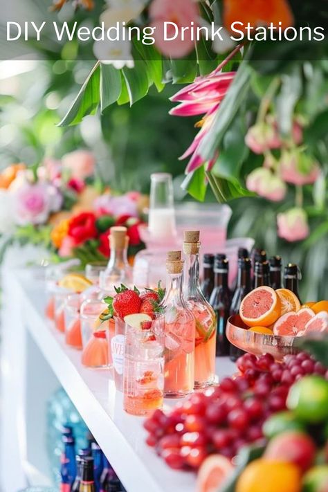 Planning a wedding and want to wet your guests' whistles in style? Look no further than the trend of DIY drink stations! These interactive beverage experiences are taking the wedding world by storm, offering a perfect blend of entertainment and refreshment. Read on to discover how you can raise a glass (or mix one!) to love with these creative ideas. Bar Set Up For Party, Wedding Drink Stations, Drink Station Ideas, Boho Event, Summer Party Drink, Diy Cocktail Bar, Wedding Drink Bar, Side Hussle, Drink Stations