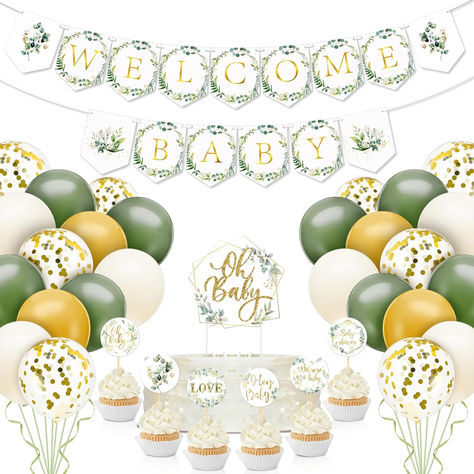 102 Pcs Sage Green Baby Shower Decorations Greenery Balloons Eucalyptus Leaves Welcome Baby Banner Baby Shower Cupcake Toppers for Neutral Baby Shower Boy Girl Birthday Gender Reveal Party #ad #babyshower #babyshowerdecor #babyshowersupplies #eucalyptus #eucalyptusbabyshower Green Baby Shower Decorations, Sage Green Baby Shower, Welcome Baby Banner, Baby Shower Cupcake Toppers, Gold Confetti Balloons, Green Baby Shower, Green Balloon, Baby Banners, Shower Cupcakes