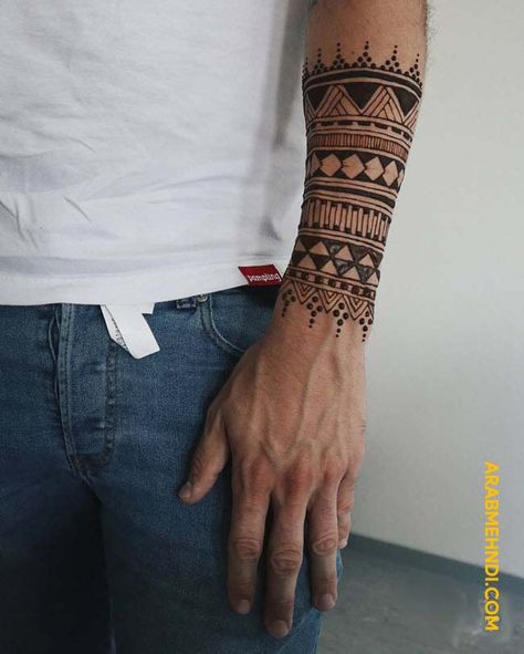 50 Male Mehndi Design (Henna Design) - October 2019 Henna For Males, Henna Designs Forearm Simple, Henna Tattoo Designs Arm For Men, Male Arm Band Tattoo, Male Tatoos Ideas Arm, Henna Sleeve Men, Mehndi For Men Hands, Henna Design For Men, Men’s Henna Tattoo