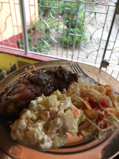 Potato Salad Aesthetic, Sunday Dinner Jamaican, Jamaican Sunday Dinner, Jamaica Lifestyle, Food For Husband, Beach In France, Island Girl Aesthetic, Trip To Jamaica, African Recipes Nigerian Food