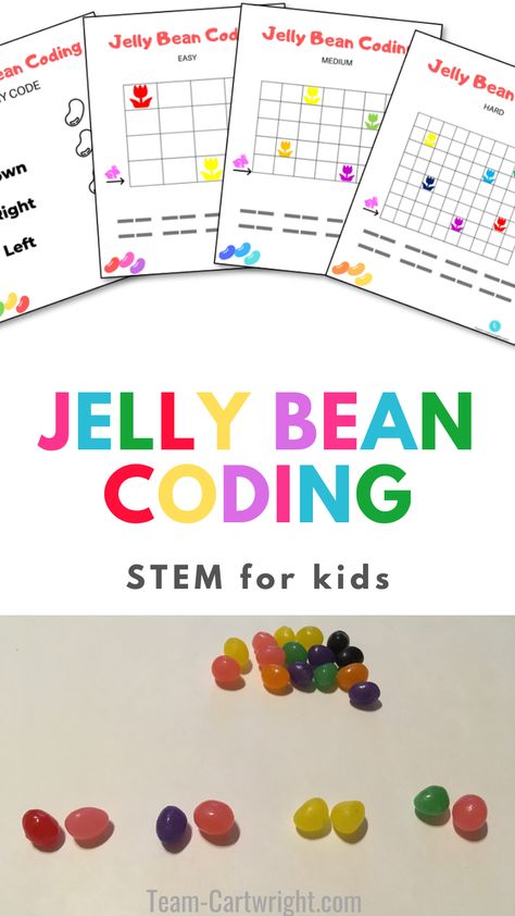 Text: Jelly Bean Coding STEM for Kids. Top Picture: Free printables available for Easter coding activity. Bottom Picture: Jelly beans lined up for coding. Coding Activities For Preschoolers, Easter Stem Activities For Kids, Technology Activities For Elementary, Stem Worksheets Free Printables, Technology Activities For Preschool, Computer Science Elementary, Preschool Coding Activities, Coding Kindergarten Activities, Computer Class Activities