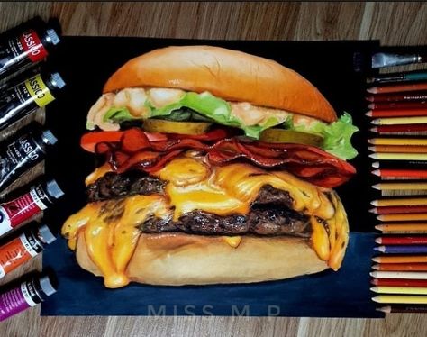 Burger Painting, Burger Drawing, Pulled Pork Burger, Fruit Art Drawings, Pencil Drawings Of Flowers, Color Pencil Sketch, Prismacolor Art, A Level Art Sketchbook, Watercolor Food