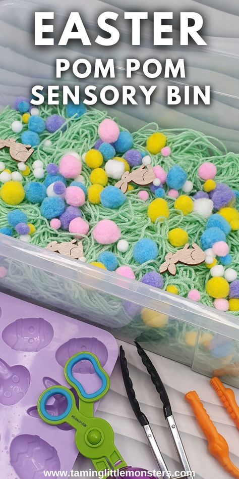 Easter Pom Pom Sensory Bin. Learn how to make this fun and easy Easter themed sensory activity for kids. Perfect for toddlers and preschoolers to play with. #easter #sensory #toddler #preschool Activities For Easter For Kids, Easter Sensory For Toddlers, Easter Lesson Plans For Toddlers, Easter Messy Play Ideas, Easter Messy Play, Easter Lesson Plans Preschool, Easter Toddler Activities, Easter Sensory Bin Ideas, Easter Sensory Activities