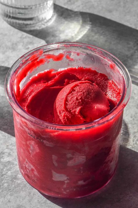 Ninja Creami raspberry sorbet Ninja Creami Raspberry Sorbet, Raspberry Sorbet Ninja Creami, Raspberry Sorbet Recipe, Raspberry Sherbert, Vegan Sorbet, Ninja Creamy, Creami Recipes, Ninja Recipes, Ninja Creami