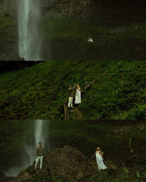 soft mist, crisp breeze that lets your hair blow in the wind and the beautiful moss while listening to the water crash from the Oregon falls … all with E&M 🌊✨🤍 Winter Waterfall Photoshoot, Waterfall Family Photoshoot, Oregon Couples Photography, Waterfall Shoot, Cinematic Storytelling, Latourell Falls, Fall Shoot, Anniversary Photoshoot, Couples Shoot