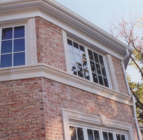 Cast stone midline banding forms window sill for second floor window surround.   Stone Legends Architectural Cast Stone   (600×586) Stone Window Surround, Beige Windows, Mulberry Manor, Period Architecture, Construction Ideas, Home Exterior Makeover, Exterior Makeover, Grey Beige, Exterior Remodel