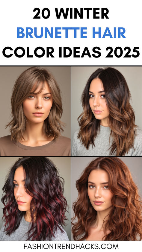 A collage showcasing four women with different brunette hair color styles perfect for winter 2025. The top left features a light ash brown bob, the top right highlights a warm caramel balayage on medium-length hair, the bottom left shows deep brown hair with burgundy highlights, and the bottom right displays long wavy hair in a rich chestnut tone. Short Hair Color Ideas For Brown Skin, Popular Hair Colors 2020, Winter Color For Brunettes, Winter Hair Color For Dark Brown Hair, Winter Lowlights Brunettes, Medium Length Winter Hair Color, All Brown Hair Color Shades, Hair Refresh Ideas, Winter Hair Color For Hazel Eyes