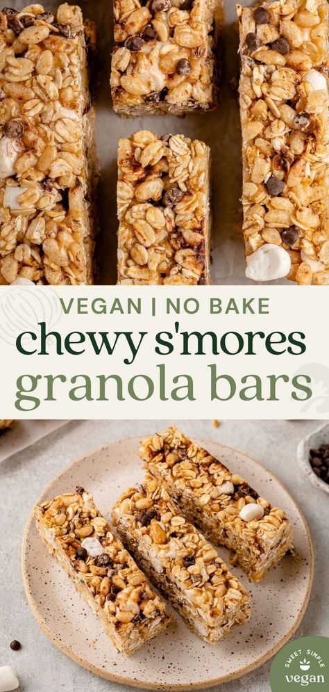 Learn how to make these vegan no-bake chewy s'mores bars. They're the perfect the perfect snack or dessert that will bring you back to your childhood. #vegan #backtoschool #dessert #chewy #quaker #granolabar #sweet #sweetsimplevegan #plantbased Vegan Granola Bars, Vegan Bars, Healthy Kids Snacks, S Mores Bars, Birth Recovery, Vegan Granola, Clean Breakfast, Vegan Snack Recipes, Chewy Granola Bars