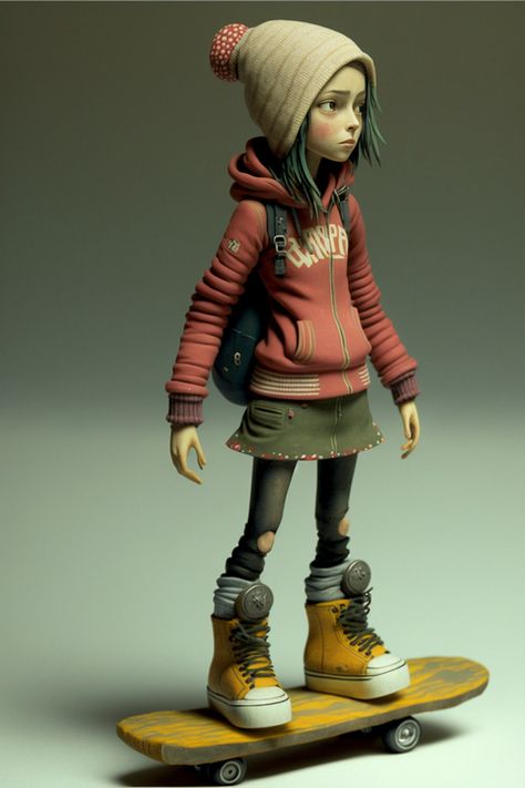 Stop motion animation style puppet of a girl on a skateboard wearing big yellow boots and a red hoodie. Stop Motion Character Puppets, Toy Maker Character Design, Stop Motion Puppet Design, Stop Motion Animation Characters, Stop Motion Puppet Making, Stop Motion Character Design, Stopmotion Characters, Stop Motion Doll, Stopmotion Puppets